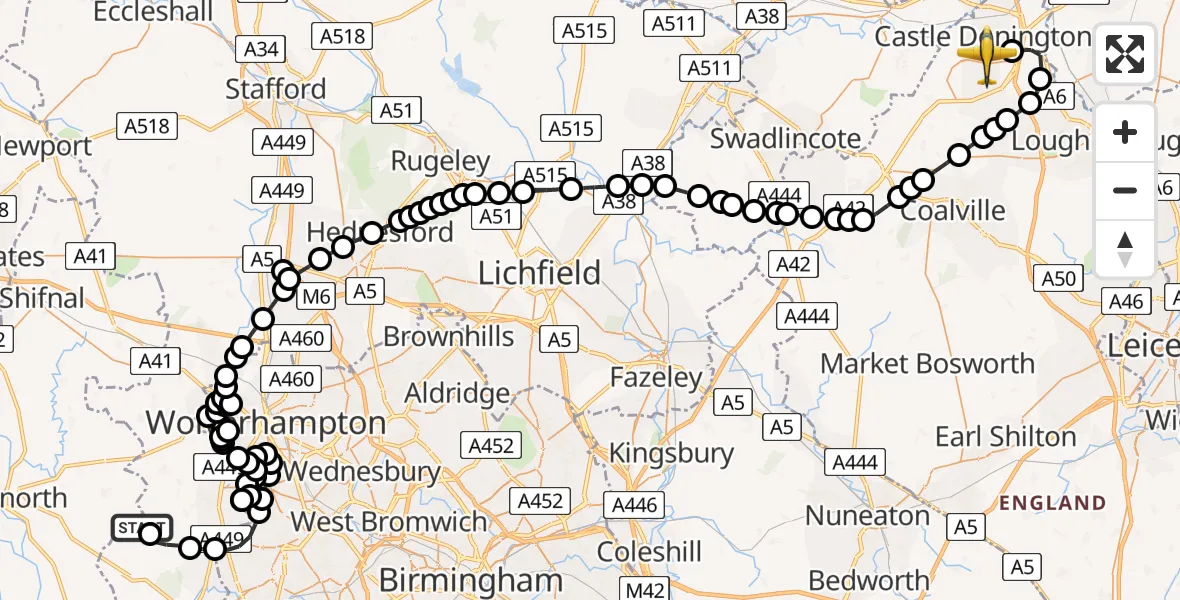 Flight path map showing Police Aircraft route from Wolverhampton Halfpenny Green Airport to East Midlands Airport