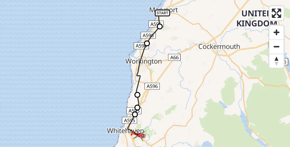 Flight path map showing Air Ambulance Helicopter route from Maryport to Whitehaven