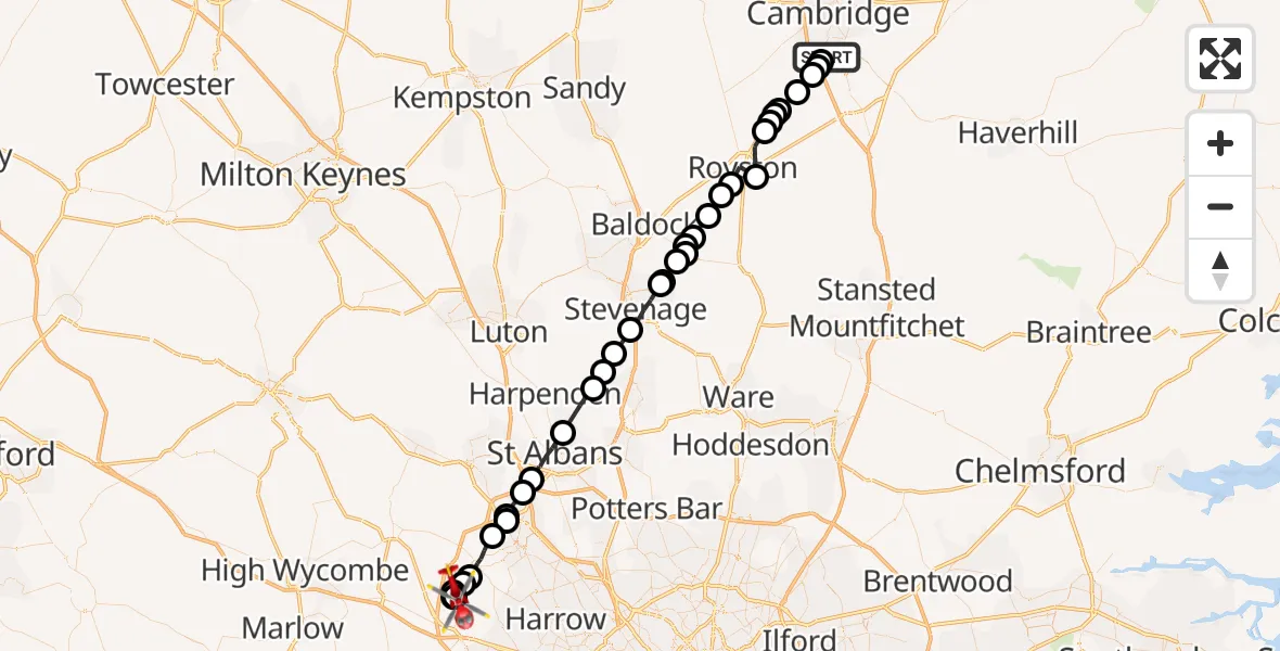 Flight path map showing Air Ambulance Helicopter route from Cambridge to Hertfordshire