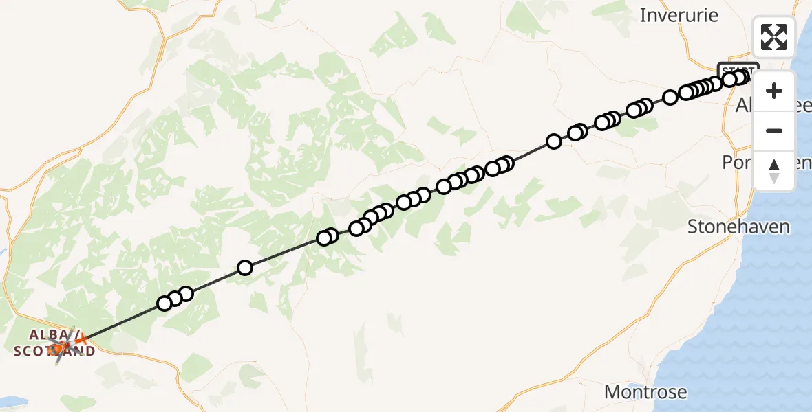 Flight path map showing Coastguard Helicopter route from Aberdeen International Airport to Perth and Kinross