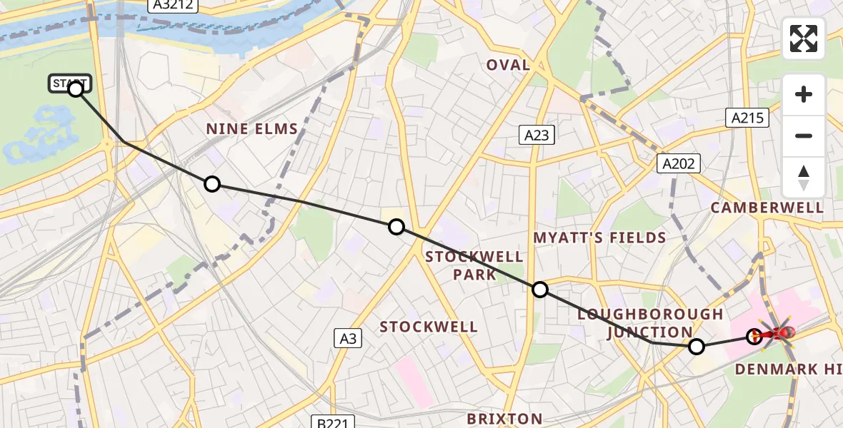 Flight path map showing Air Ambulance Helicopter route from Battersea to Kings College London Hospital