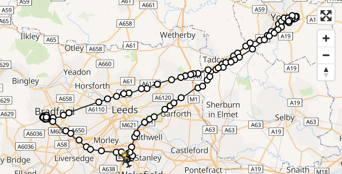 Flight path map showing Police Helicopter route from East Ardsley to East Ardsley