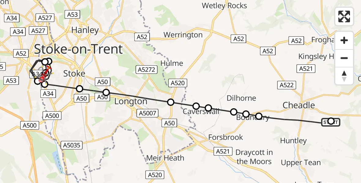 Flight path map showing Air Ambulance Helicopter route from Cheadle to University Hospital North Staffs