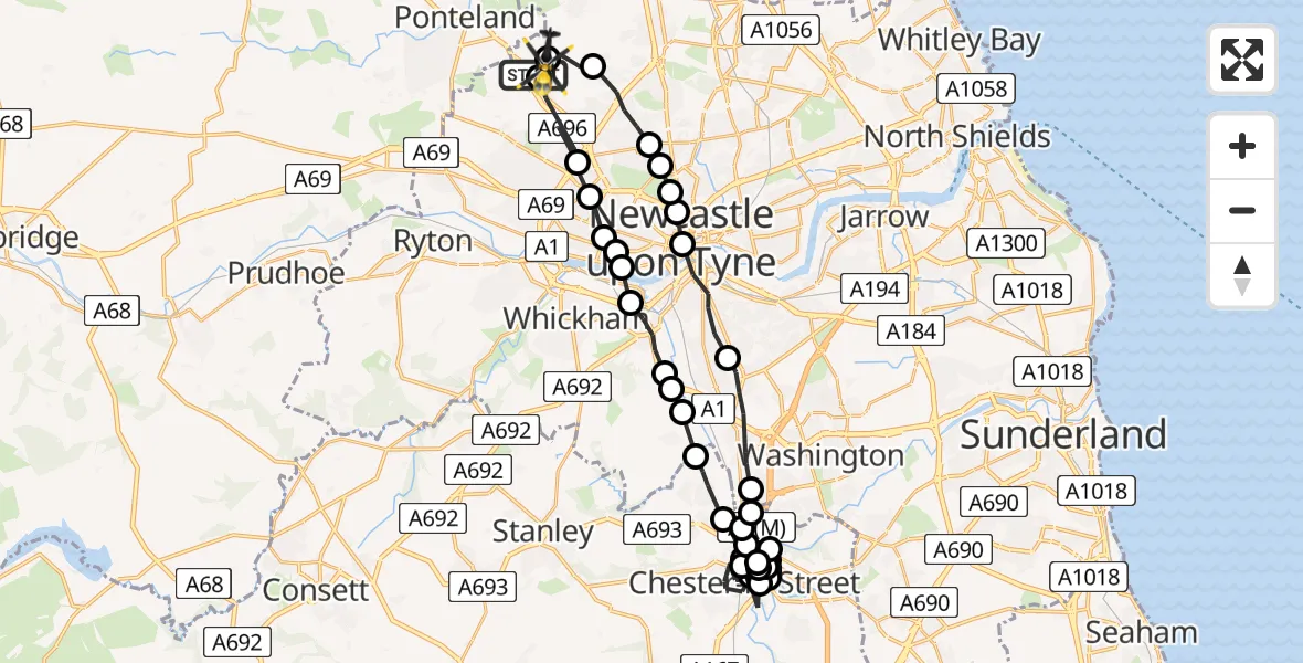 Flight path map showing Police Helicopter route from Newcastle International Airport to Newcastle International Airport