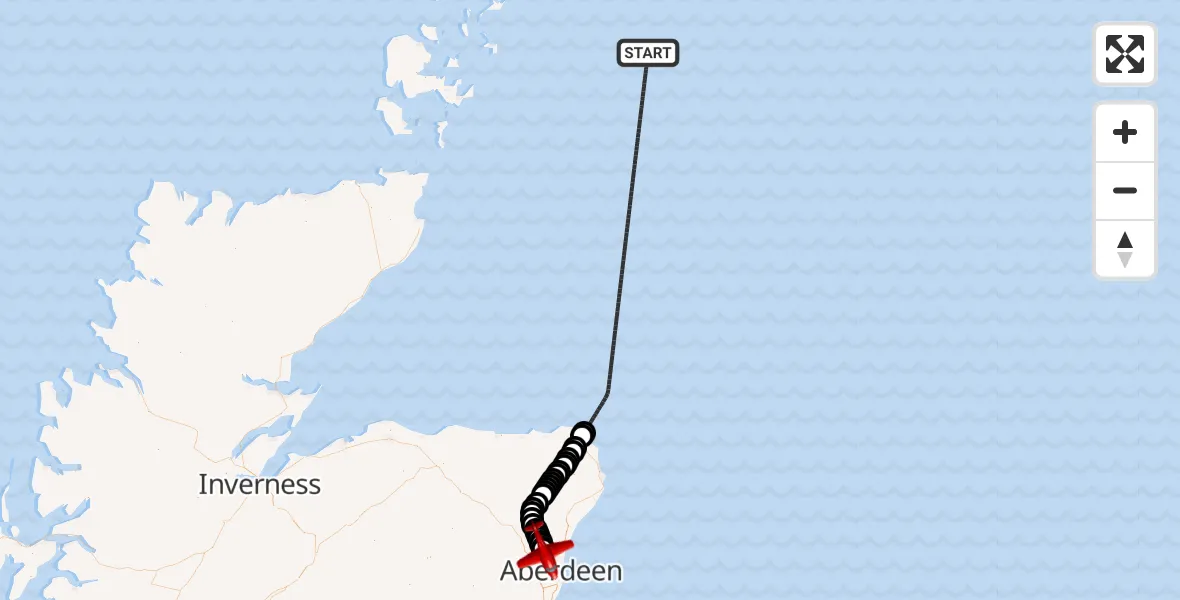 Flight path map showing Air Ambulance Aircraft route from North Sea to Dyce and Stoneywood
