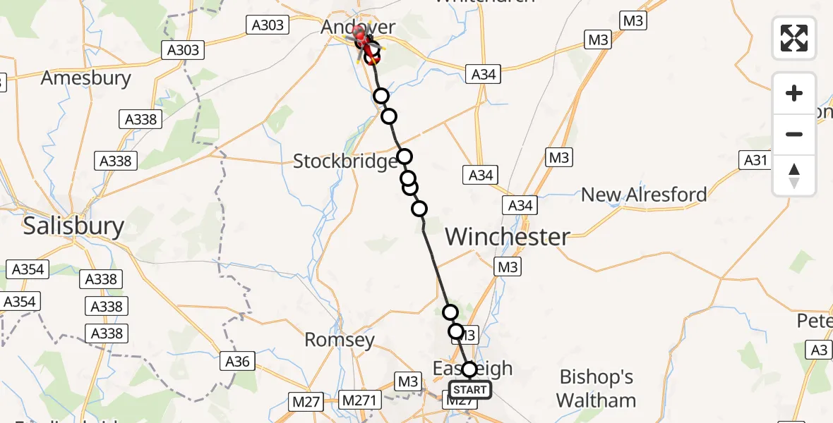 Flight path map showing Air Ambulance Helicopter route from Southampton Airport to Goodworth Clatford