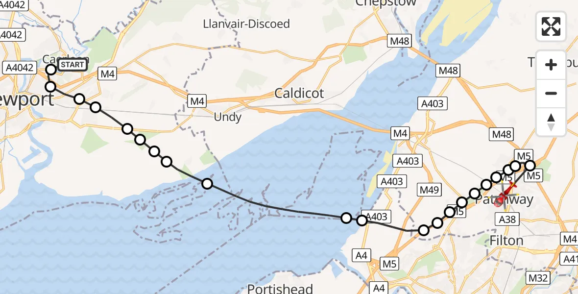 Flight path map showing Air Ambulance Helicopter route from Caerleon to Almondsbury
