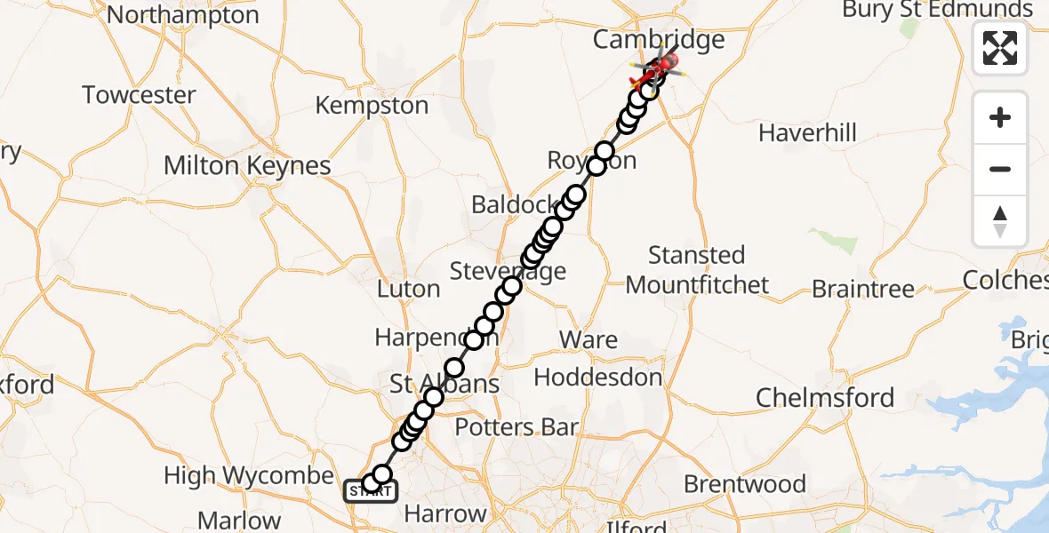 Flight path map showing Air Ambulance Helicopter route from Hillingdon to Great Shelford