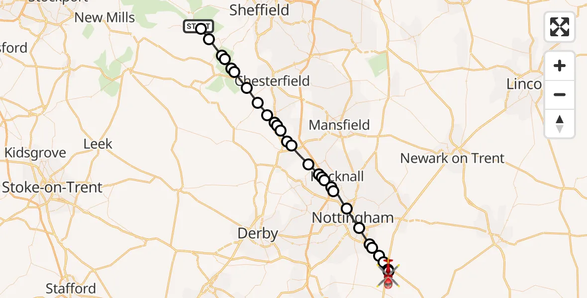 Flight path map showing Air Ambulance Helicopter route from Bamford to Nottingham Heliport