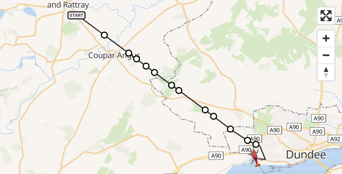 Flight path map showing Air Ambulance Helicopter route from Blairgowrie and Rattray to Dundee