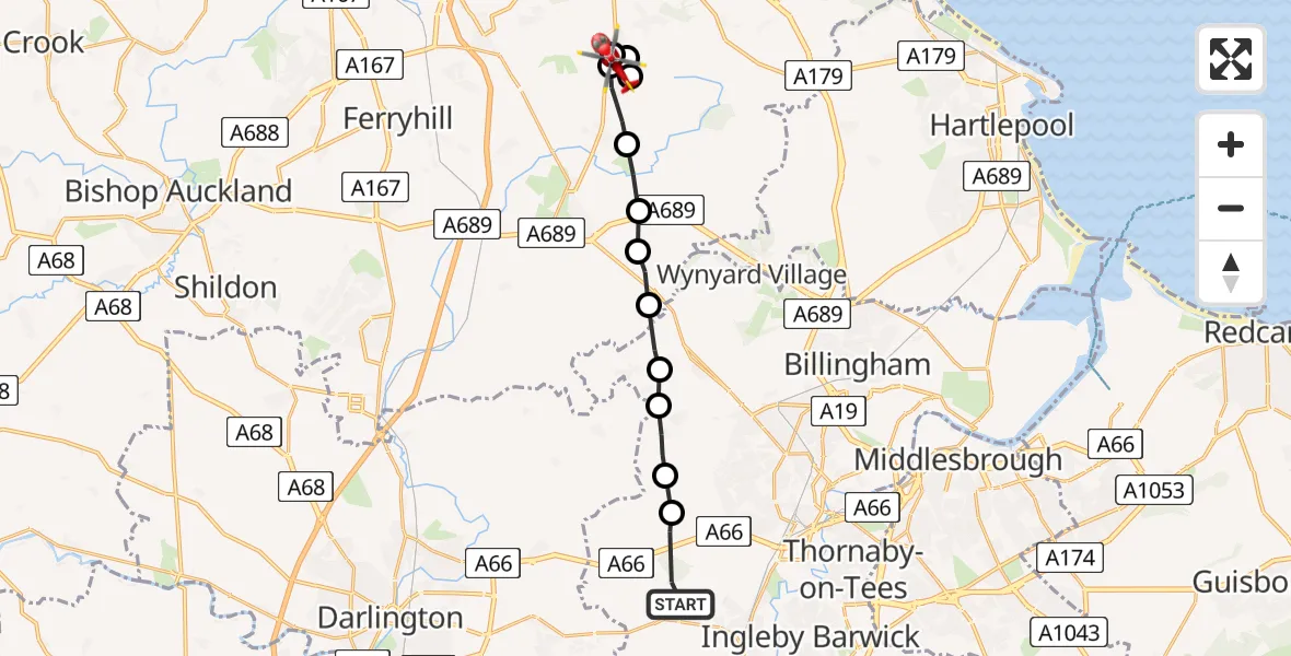 Flight path map showing Air Ambulance Helicopter route from Longnewton to Trimdon Colliery
