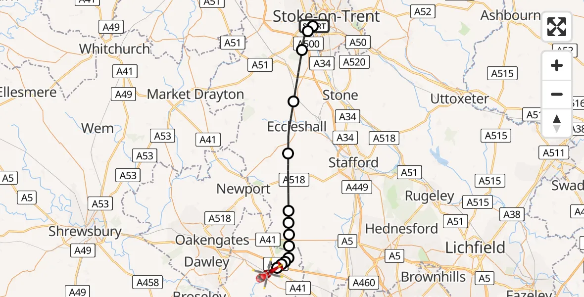 Flight path map showing Air Ambulance Helicopter route from University Hospital North Staffs to Cosford