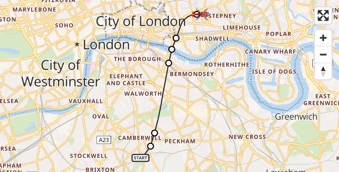 Flight path map showing Air Ambulance Helicopter route from Kings College London Hospital to Royal London Hospital