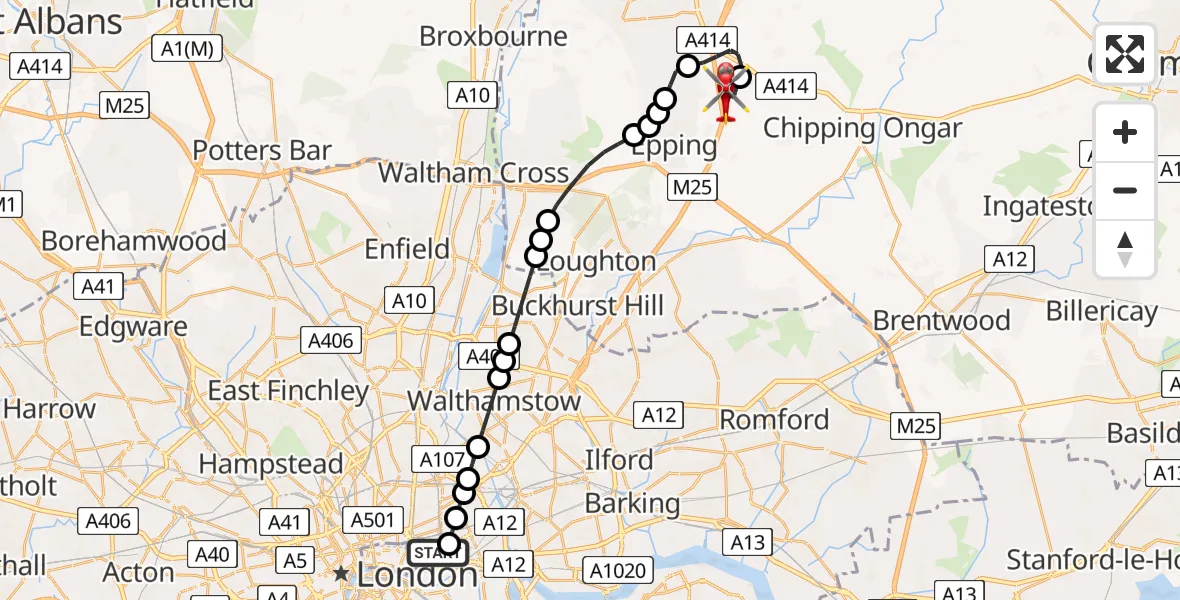 Flight path map showing Air Ambulance Helicopter route from Royal London Hospital to North Weald Airfield