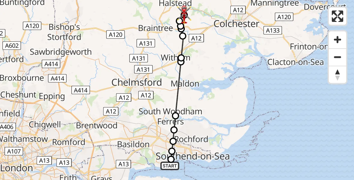 Flight path map showing Air Ambulance Helicopter route from Leigh Beck to Earls Colne Airfield
