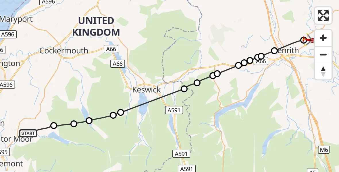 Flight path map showing Air Ambulance Helicopter route from Kirkland to Edenhall