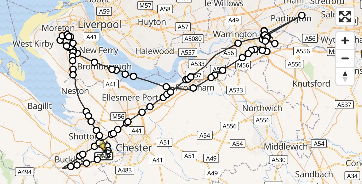 Flight path map showing Police Helicopter route from Hawarden Airport to Hawarden Airport