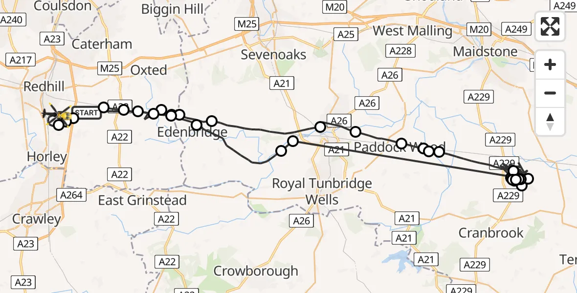 Flight path map showing Police Helicopter route from Tandridge to Salfords