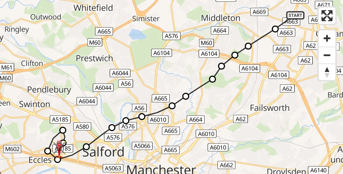 Flight path map showing Air Ambulance Helicopter route from Chadderton to Eccles