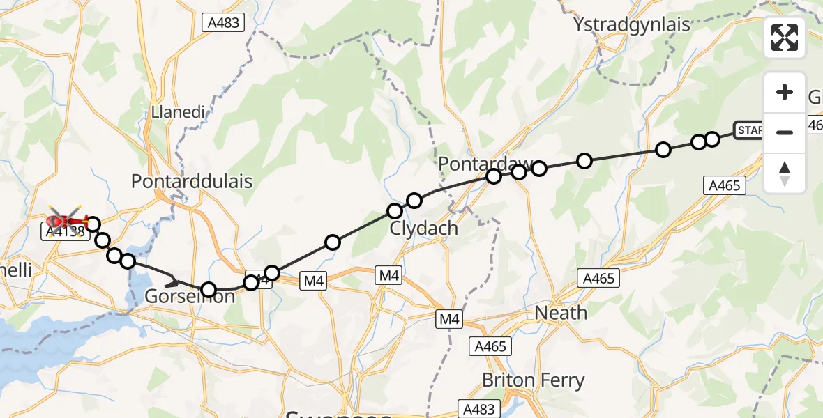 Flight path map showing Air Ambulance Helicopter route from Seven Sisters to Dafen