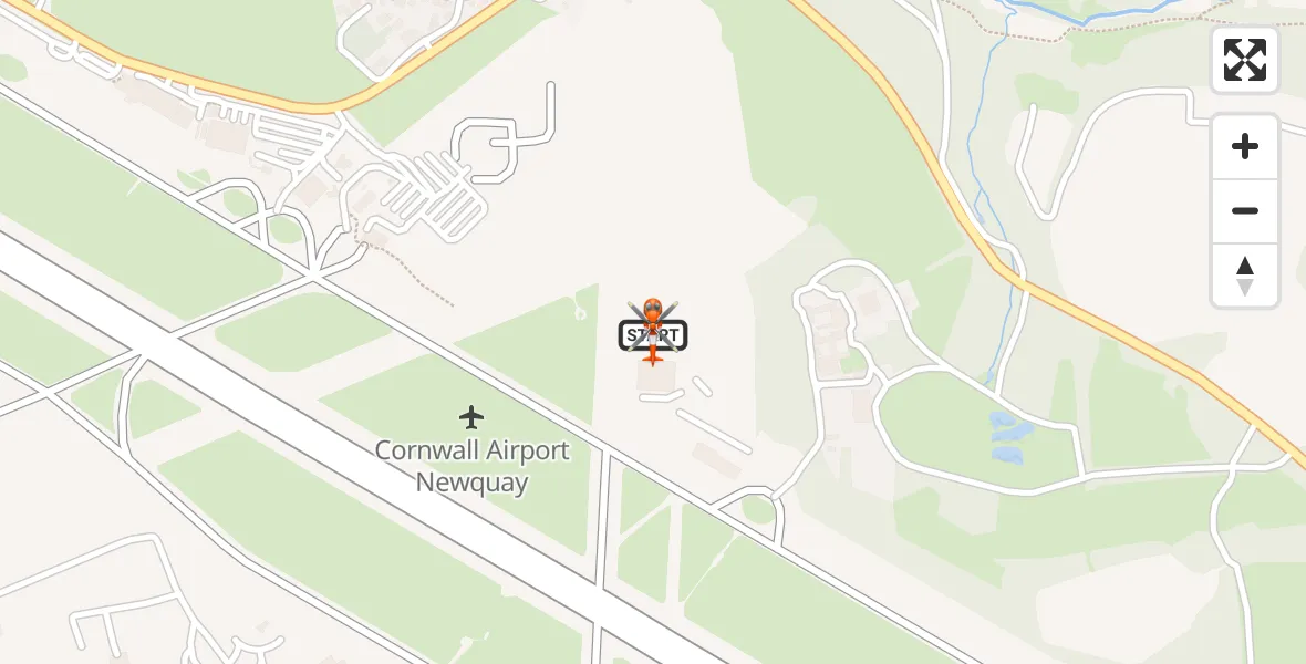 Flight path map showing Coastguard Helicopter route from Cornwall Airport Newquay to Cornwall Airport Newquay