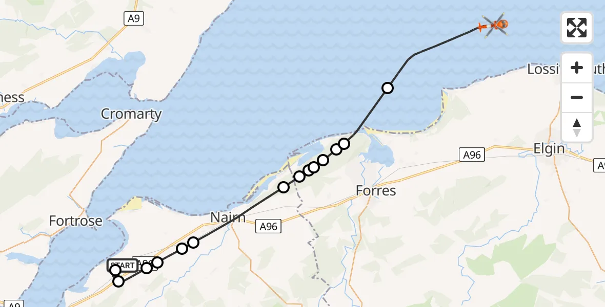 Flight path map showing Coastguard Helicopter route from Inverness Airport to North Sea