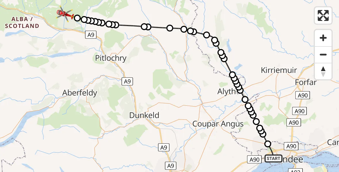 Flight path map showing Air Ambulance Helicopter route from Dundee to Perth and Kinross