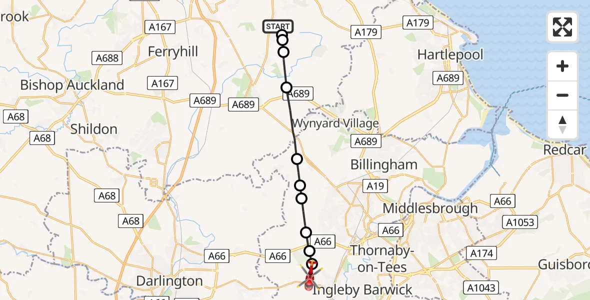 Flight path map showing Air Ambulance Helicopter route from Trimdon Village to Elton