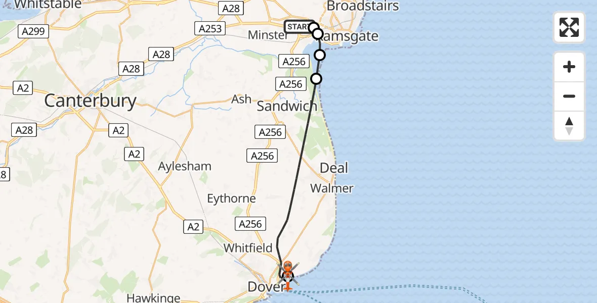Flight path map showing Coastguard Helicopter route from Manston Airport to Langdon Battery Heliport