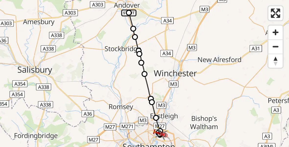 Flight path map showing Air Ambulance Helicopter route from Upper Clatford to Townhill Park