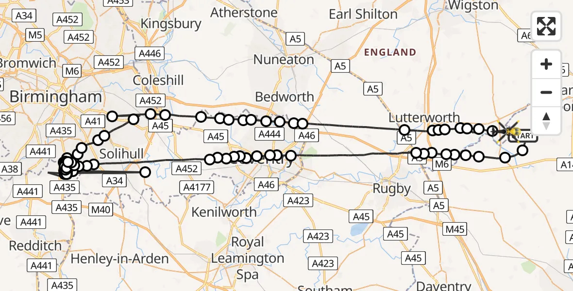 Flight path map showing Police Helicopter route from Sibbertoft to Husbands Bosworth Airfield