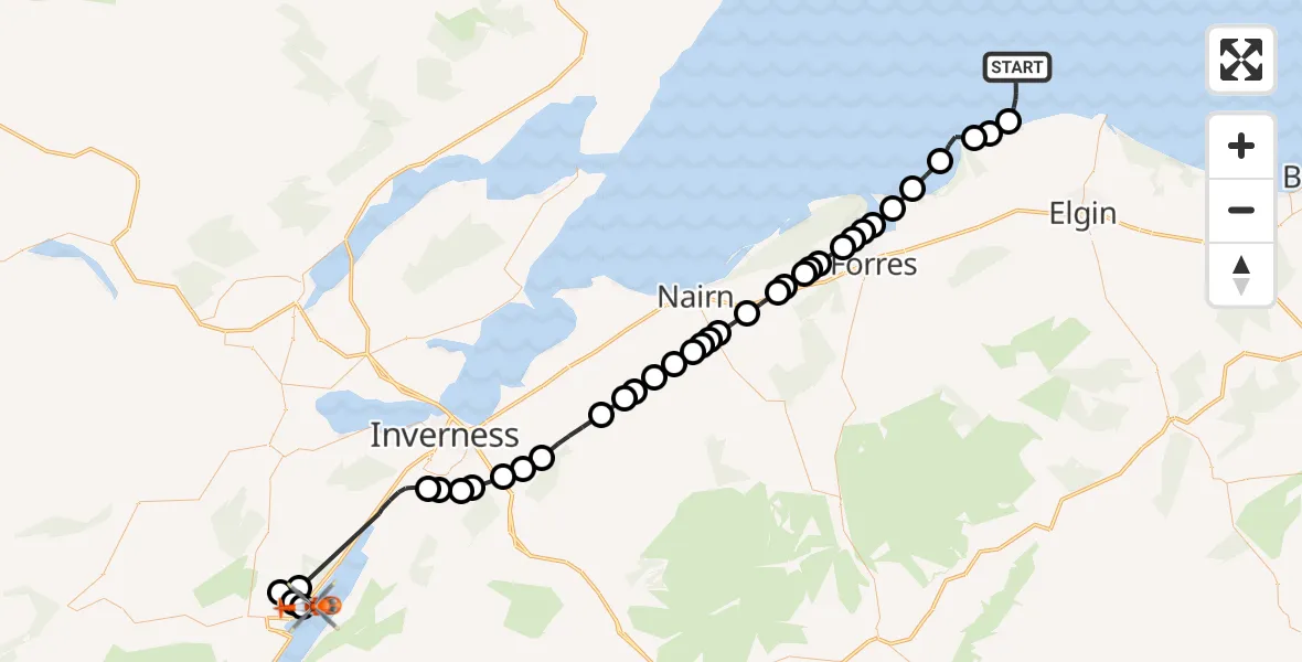Flight path map showing Coastguard Helicopter route from North Sea to Abriachan
