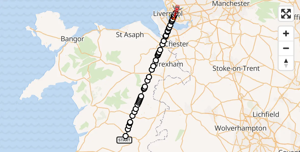 Flight path map showing Air Ambulance Helicopter route from Trefeglwys to Knotty Ash