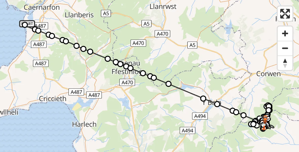 Flight path map showing Coastguard Helicopter route from Caernarfon Airport to Llanrhaeadr-ym-Mochnant