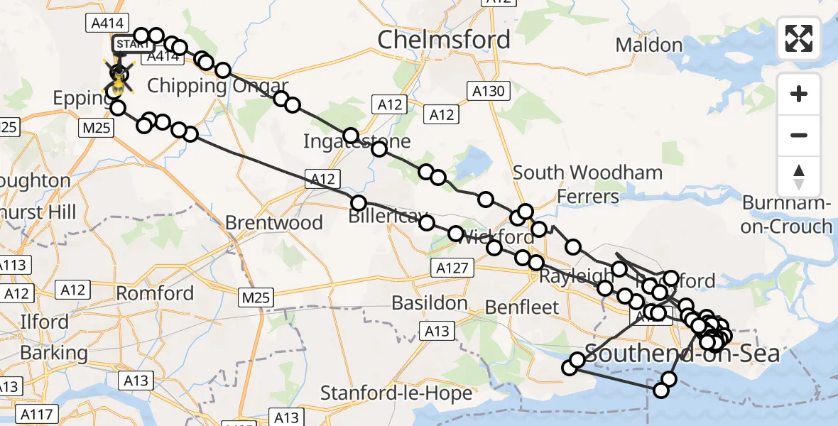 Flight path map showing Police Helicopter route from North Weald Airfield to North Weald Airfield