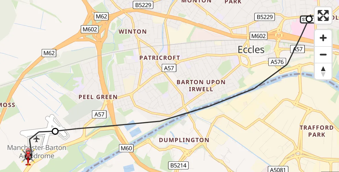 Flight path map showing Air Ambulance Helicopter route from Eccles to Irlam
