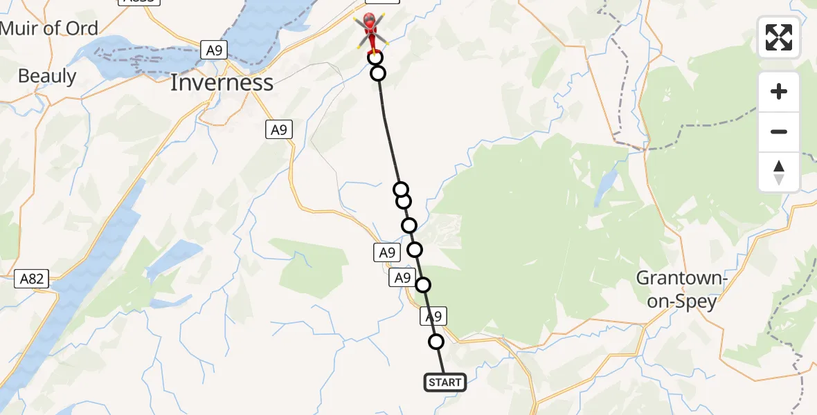 Flight path map showing Air Ambulance Helicopter route from Highland to Croy