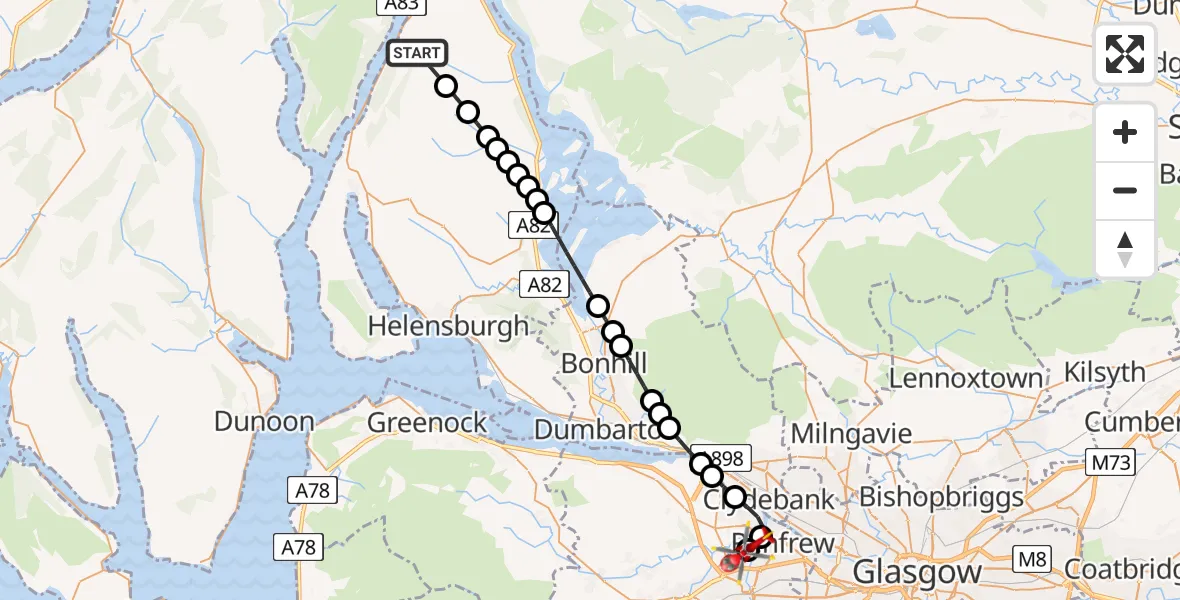 Flight path map showing Air Ambulance Helicopter route from Invergroin to Glasgow Airport