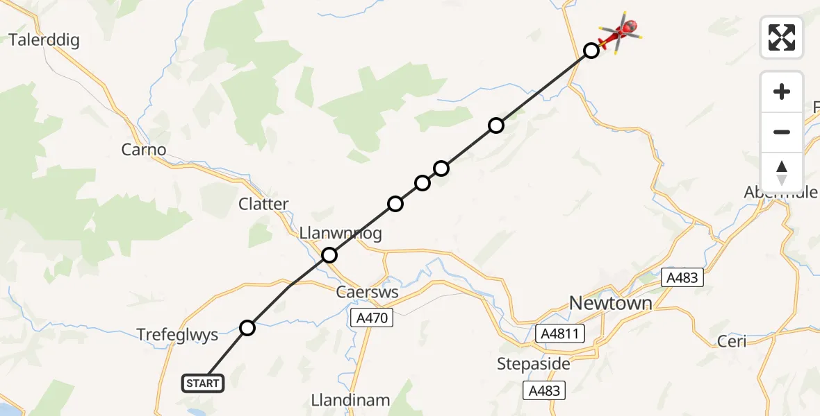 Routekaart van de vlucht: Air Ambulance Helicopter on its way from Trefeglwys