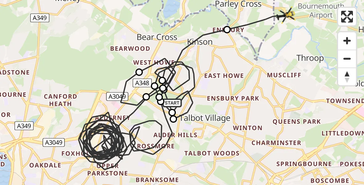 Flight path map showing Police Helicopter route from Bournemouth to Bournemouth Airport