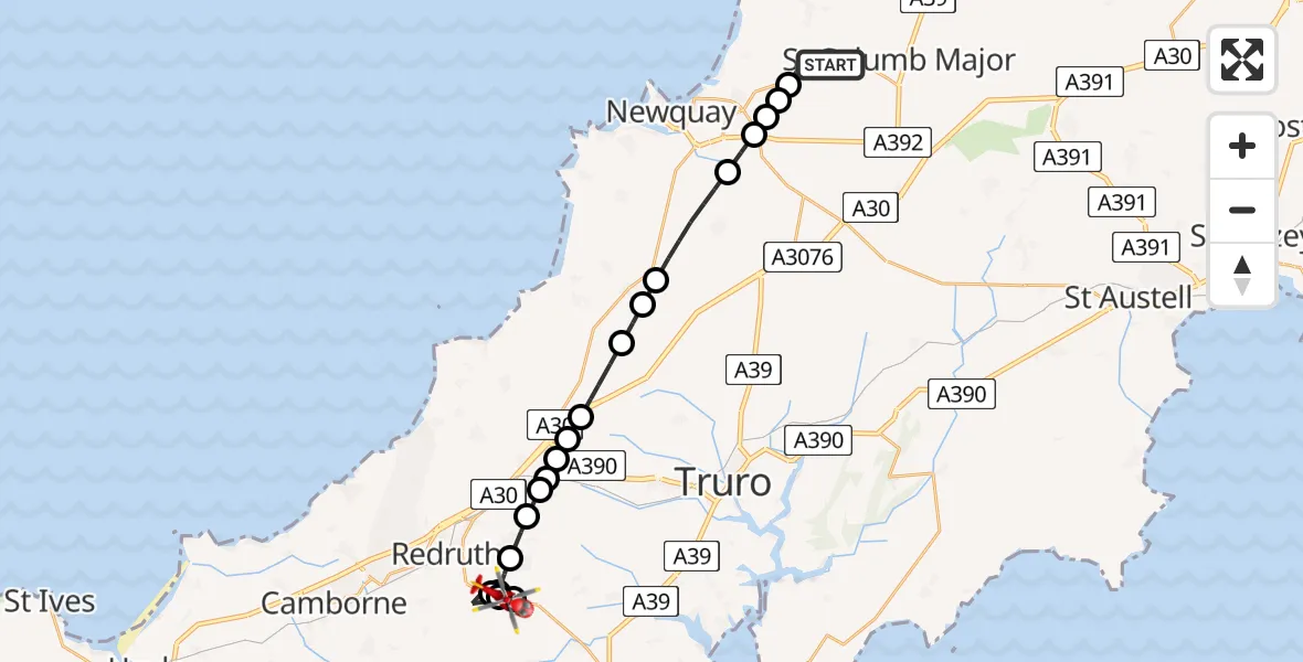 Flight path map showing Air Ambulance Helicopter route from Cornwall Airport Newquay to Comford