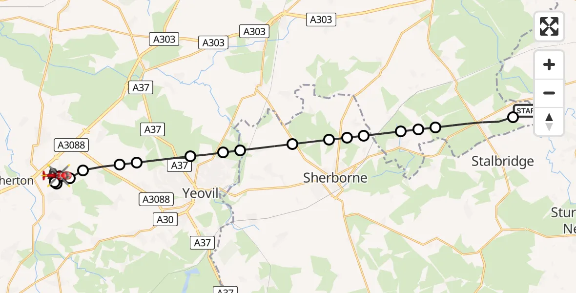 Flight path map showing Air Ambulance Helicopter route from Henstridge Airfield to Stoke sub Hamdon