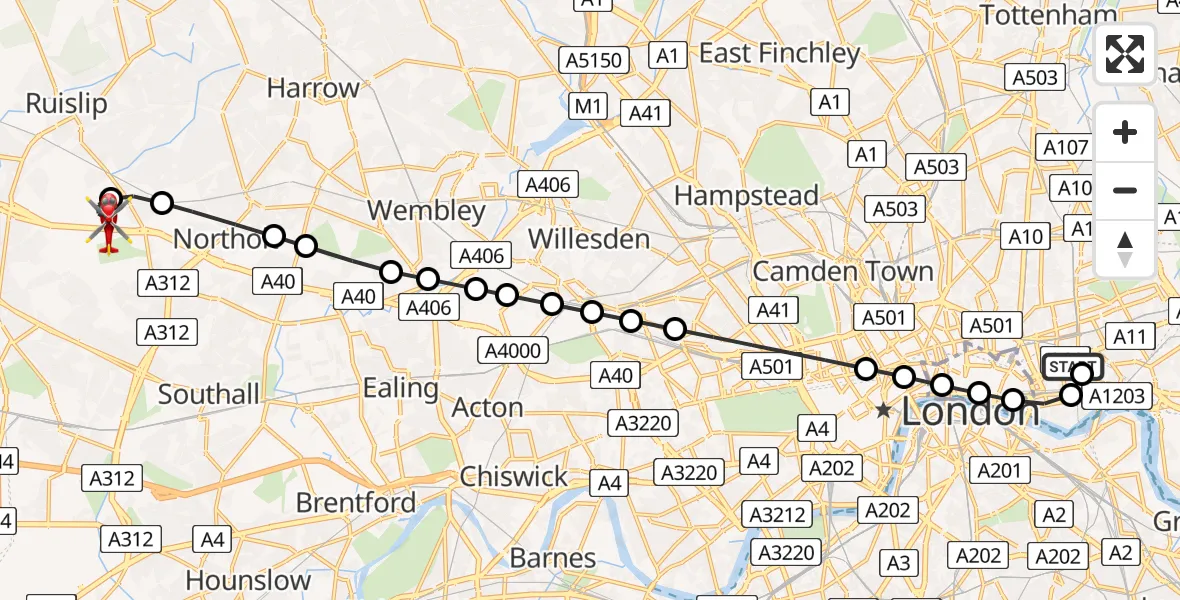 Flight path map showing Air Ambulance Helicopter route from Royal London Hospital to RAF Northolt