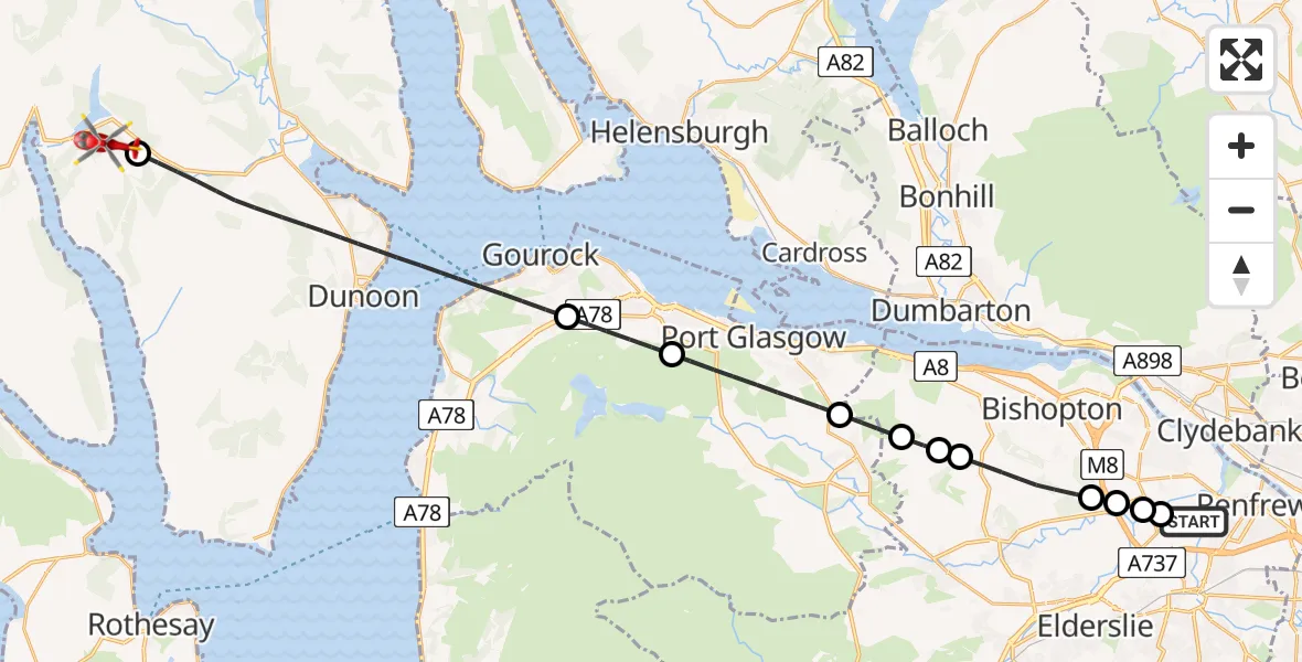Flight path map showing Air Ambulance Helicopter route from Glasgow Airport to Argyll and Bute