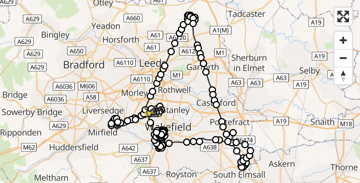Flight path map showing Police Helicopter route from East Ardsley to Wrenthorpe