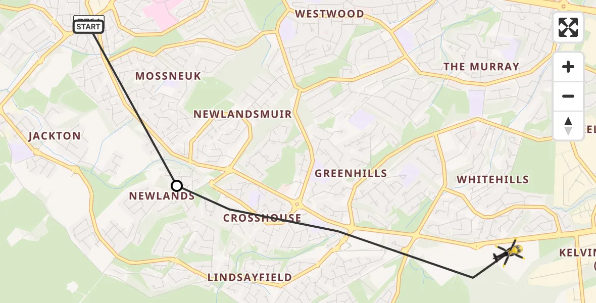 Flight path map showing Police Helicopter route from Thorntonhall to East Kilbride