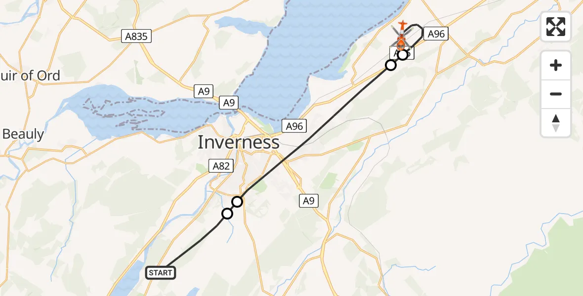 Flight path map showing Coastguard Helicopter route from Inverness to Inverness Airport