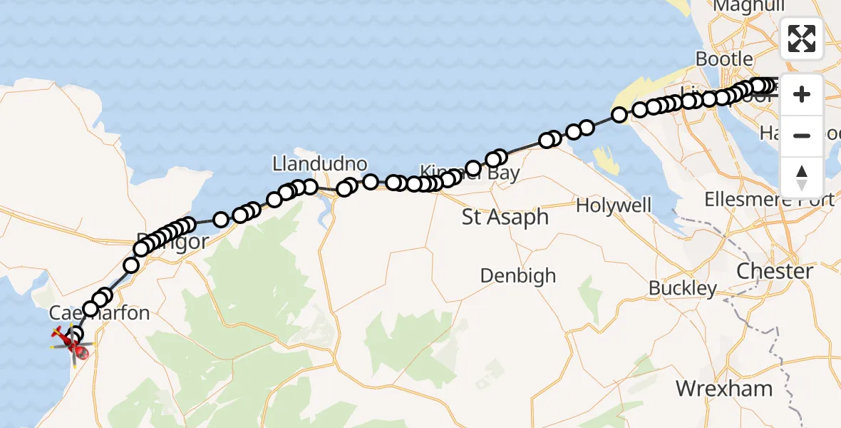 Flight path map showing Air Ambulance Helicopter route from Knotty Ash to Caernarfon Airport