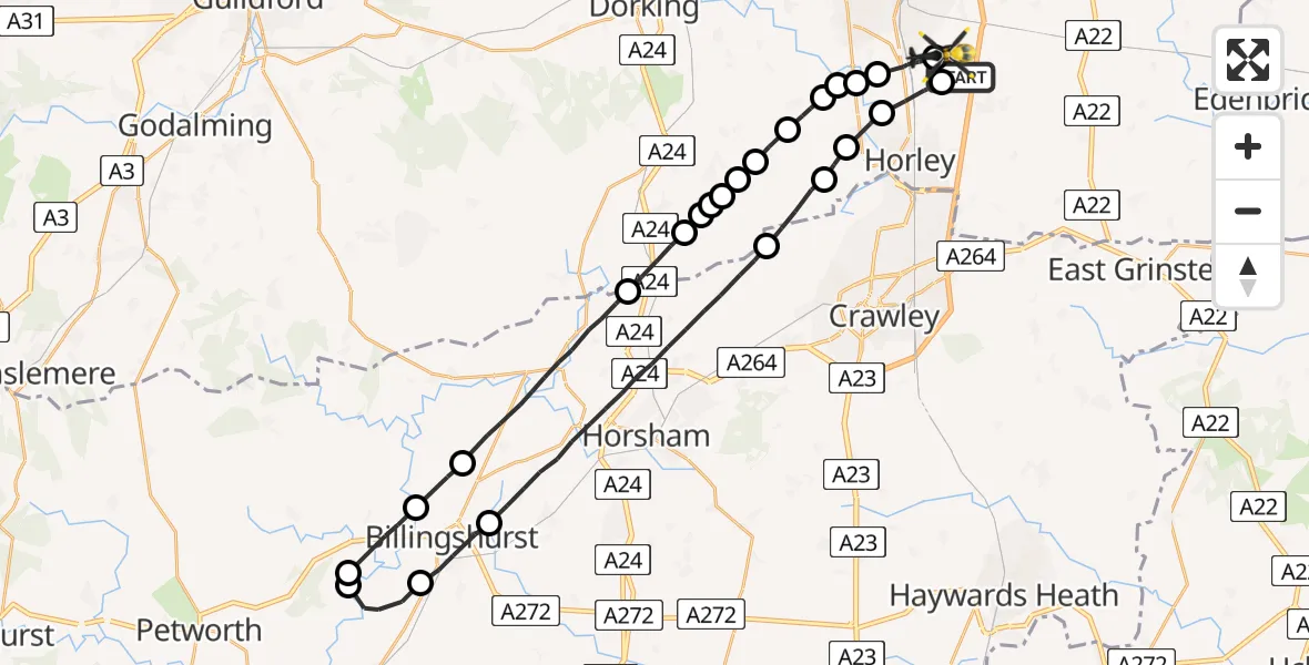 Flight path map showing Police Helicopter route from Tandridge to Redhill Aerodrome
