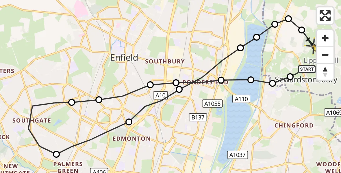 Flight path map showing Police Helicopter route from Sewardstonebury to Sewardstonebury